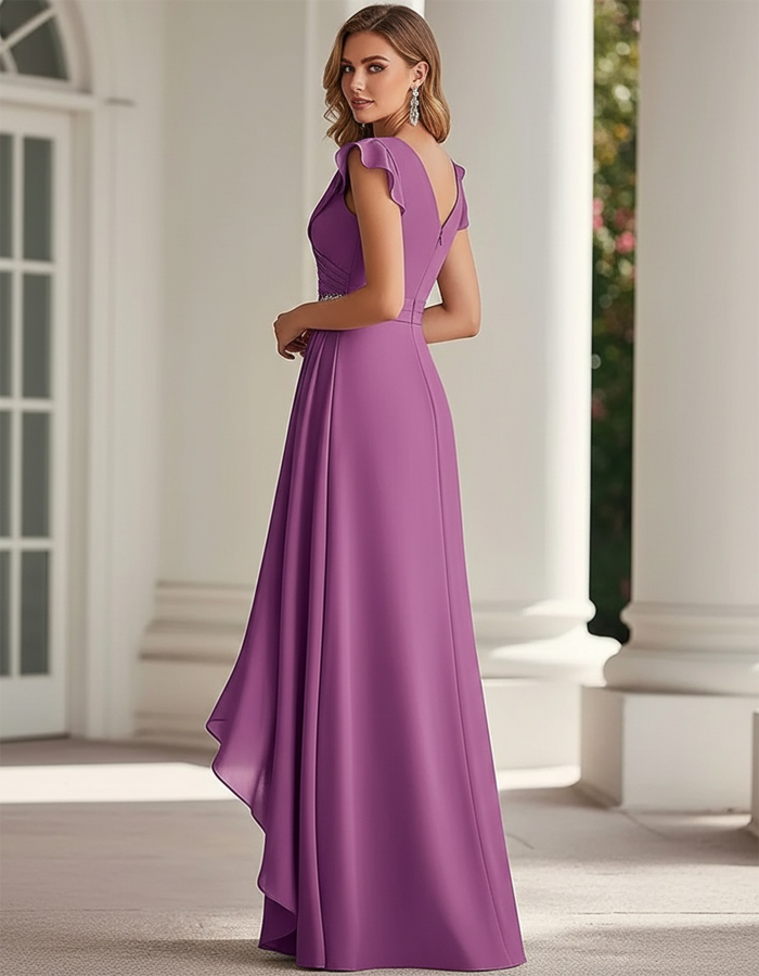 V-neck Pleated Puff Sleeve Chiffon Maxi Dress