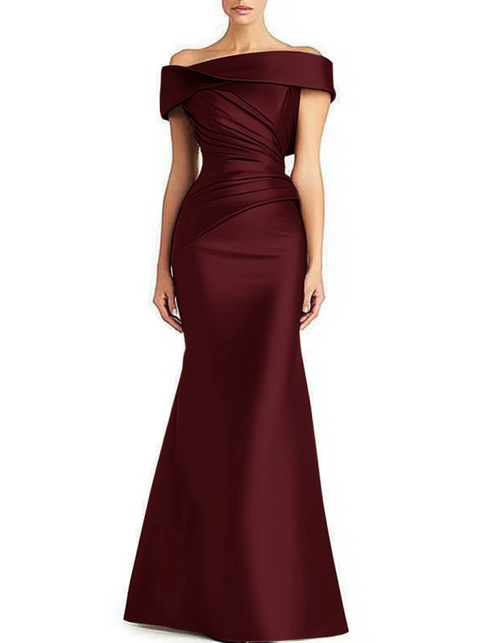Vestido largo de satén plisado con hombros descubiertos