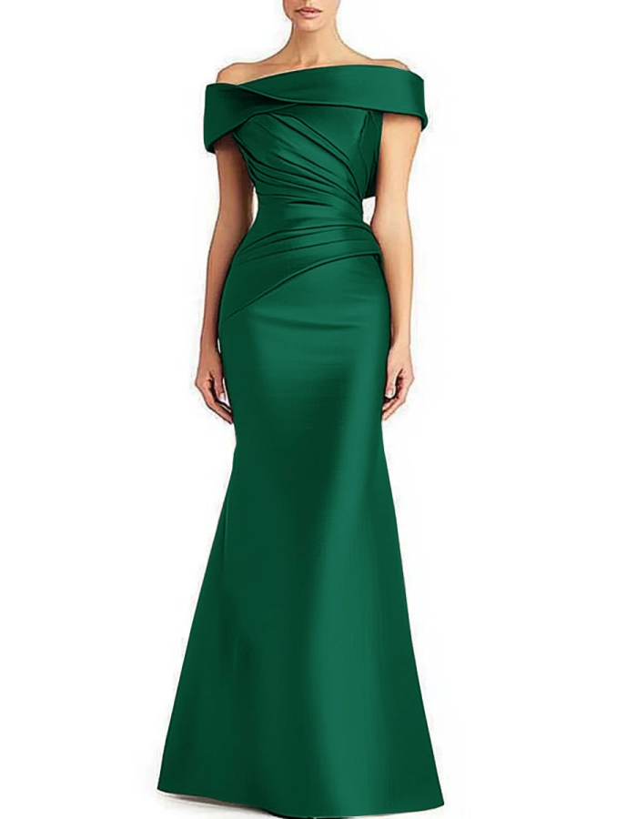 Vestido largo de satén plisado con hombros descubiertos