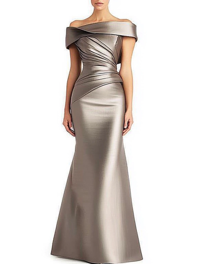 Vestido largo de satén plisado con hombros descubiertos