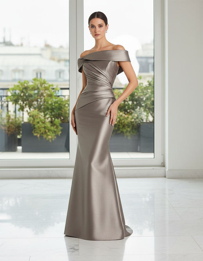 Off-the-Shoulder Pleated Satin Maxi Dress