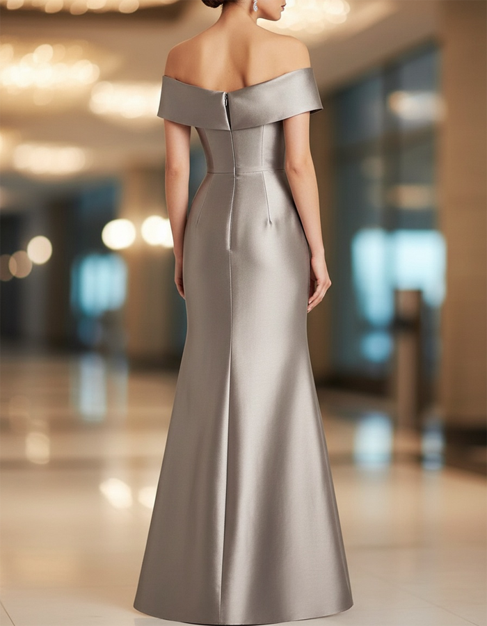 Off-the-Shoulder Pleated Satin Maxi Dress