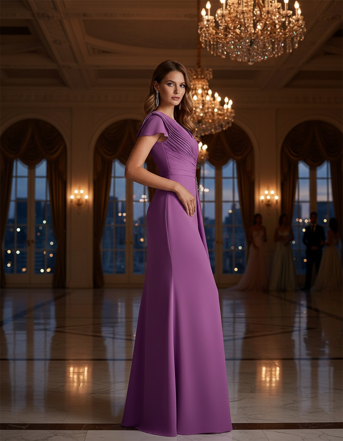 V-neck Pleated Puff Sleeve Chiffon Maxi Dress