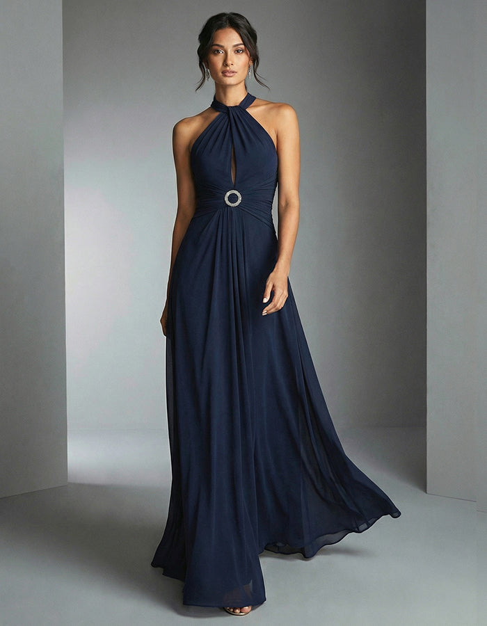 Navy Blue Halter Neck Chiffon Rhinestone Waist Belt Maxi Dress