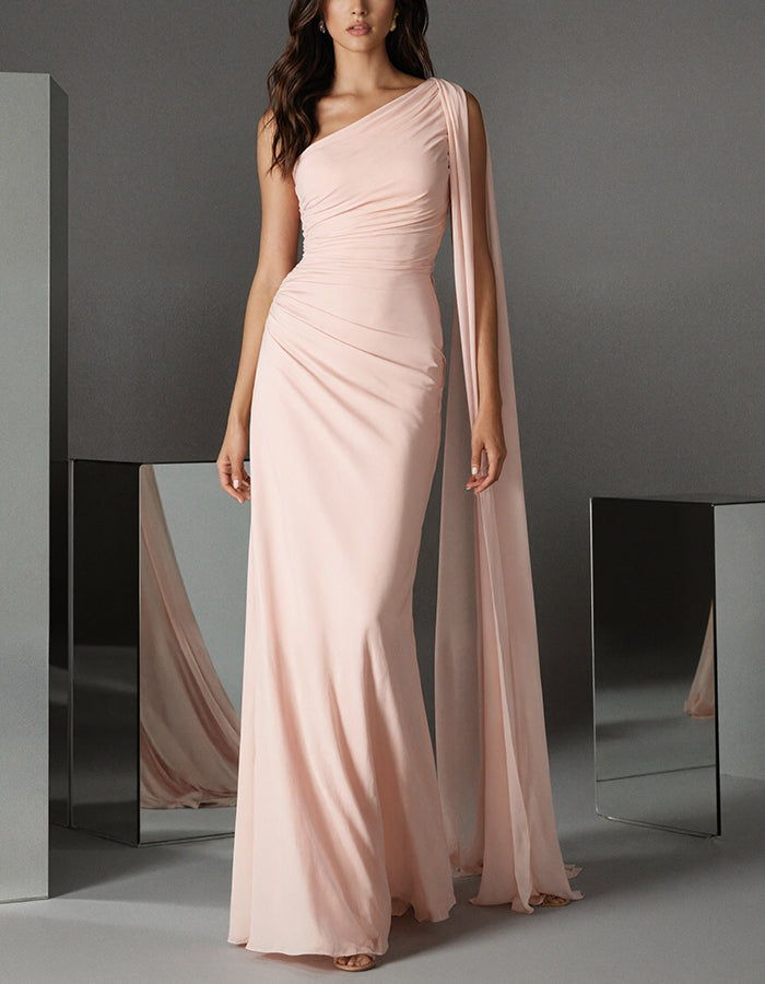 Light Pink One Shoulder Draped Chiffon Fishtail Maxi Dress