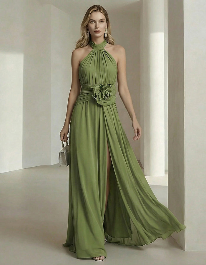 Olive Drab Halter Neck Chiffon 3D Flower Maxi Dress