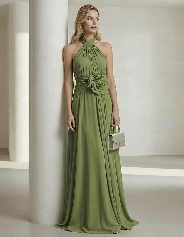 Olive Drab Halter Neck Chiffon 3D Flower Maxi Dress