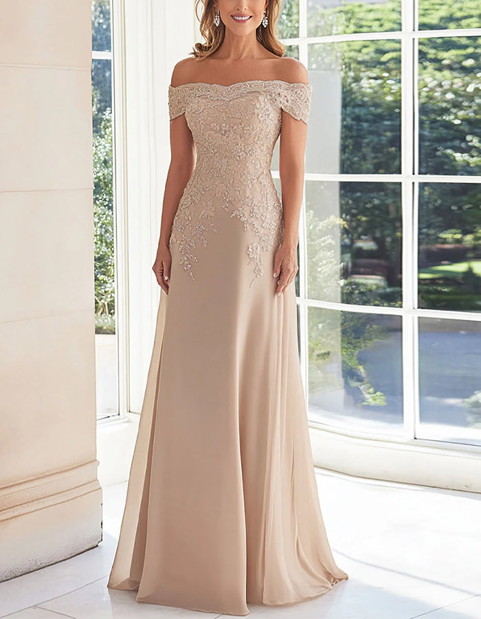 Solid Color Off Shoulder Lace Embroidered Full Maxi Dress