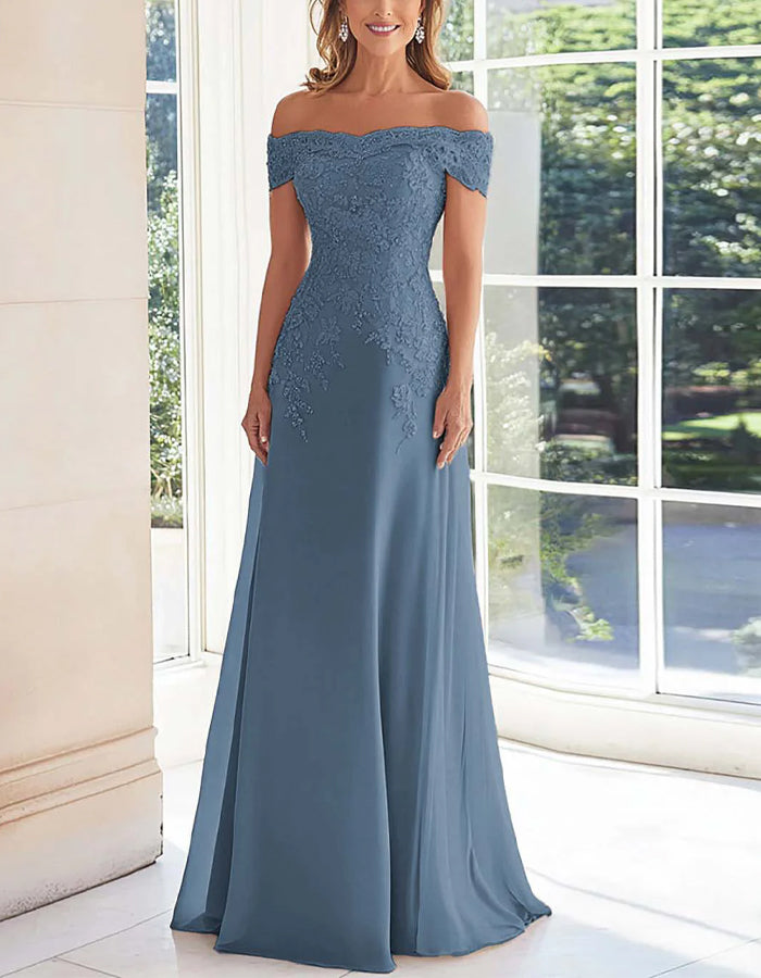 Solid Color Off Shoulder Lace Embroidered Full Maxi Dress