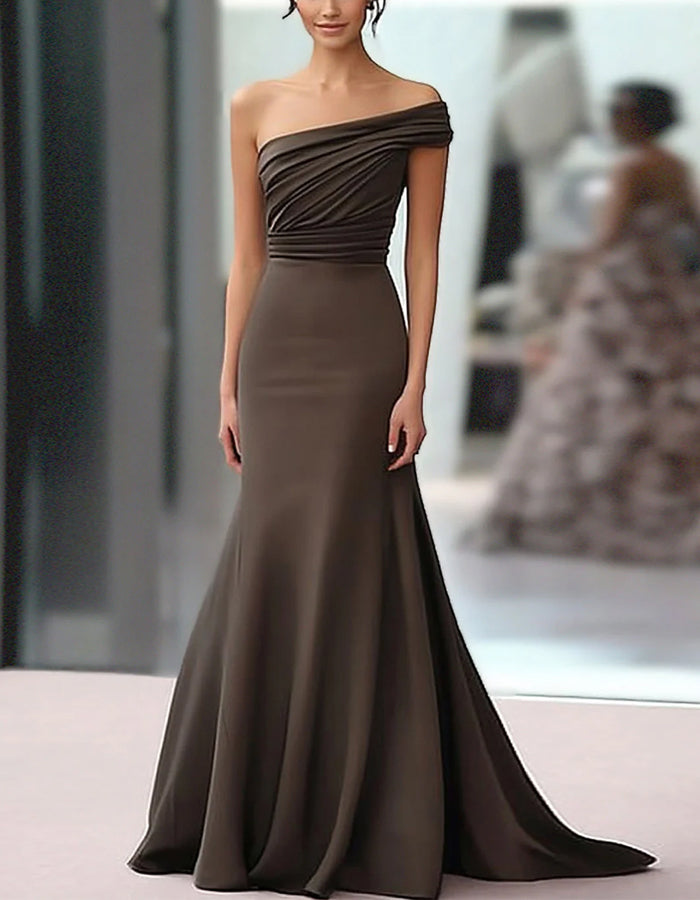 Solid Color Satin One Shoulder Pleated Fishtail Train Maxi Dress