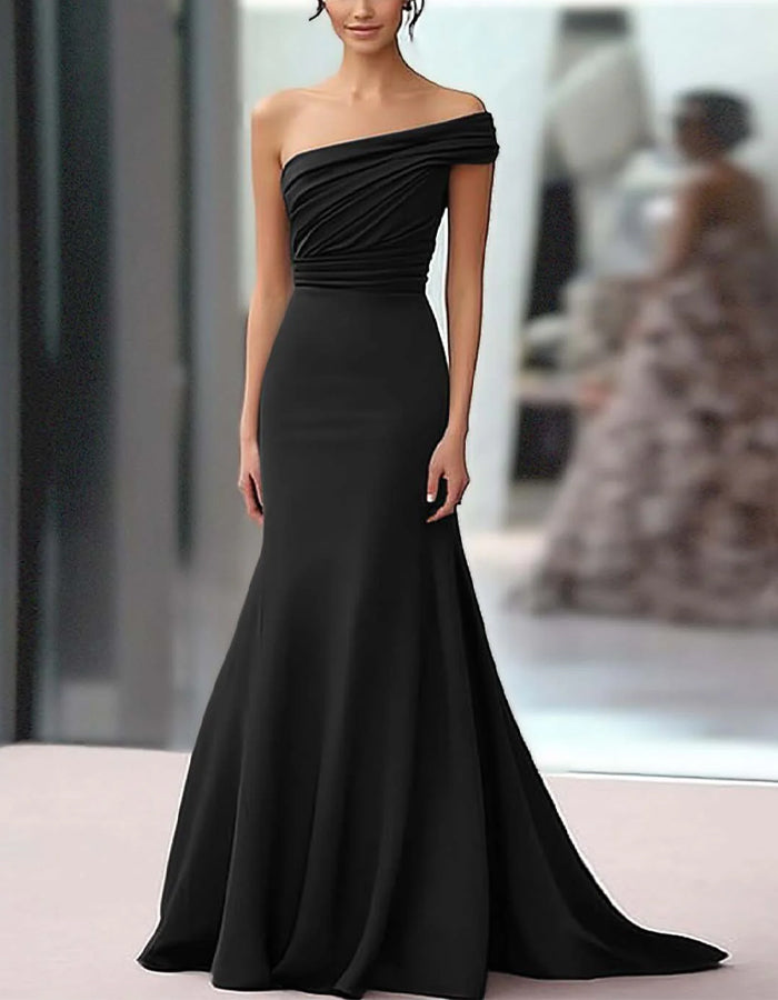 Solid Color Satin One Shoulder Pleated Fishtail Train Maxi Dress