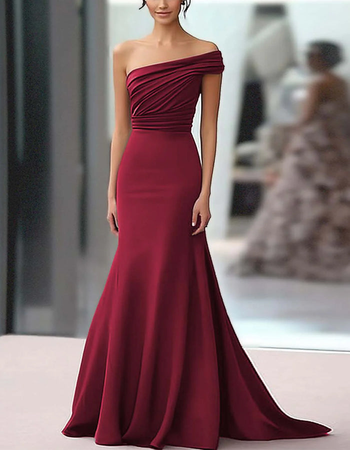 Solid Color Satin One Shoulder Pleated Fishtail Train Maxi Dress