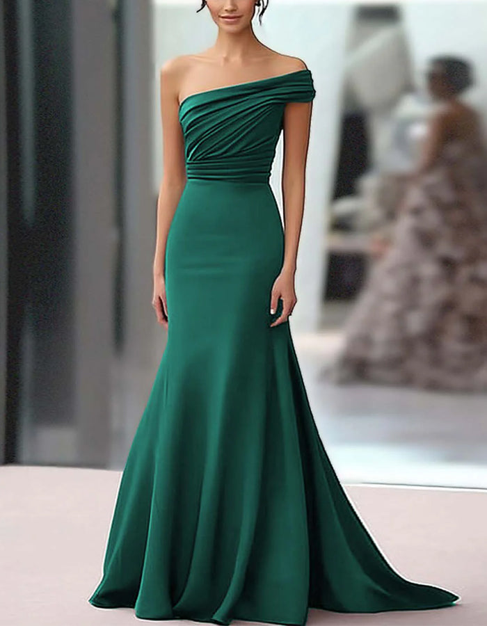 Solid Color Satin One Shoulder Pleated Fishtail Train Maxi Dress
