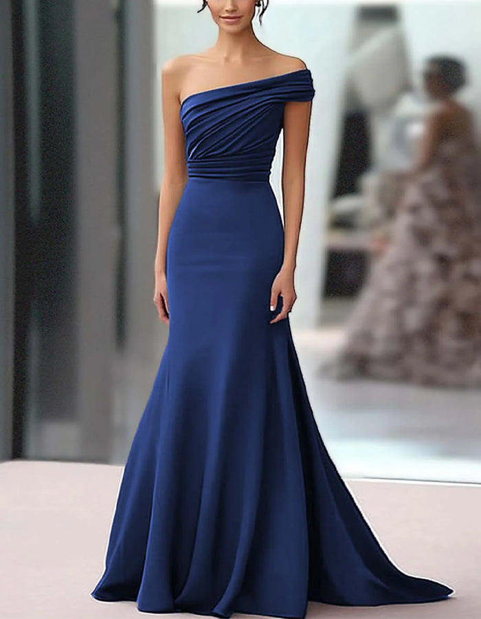 Solid Color Satin One Shoulder Pleated Fishtail Train Maxi Dress