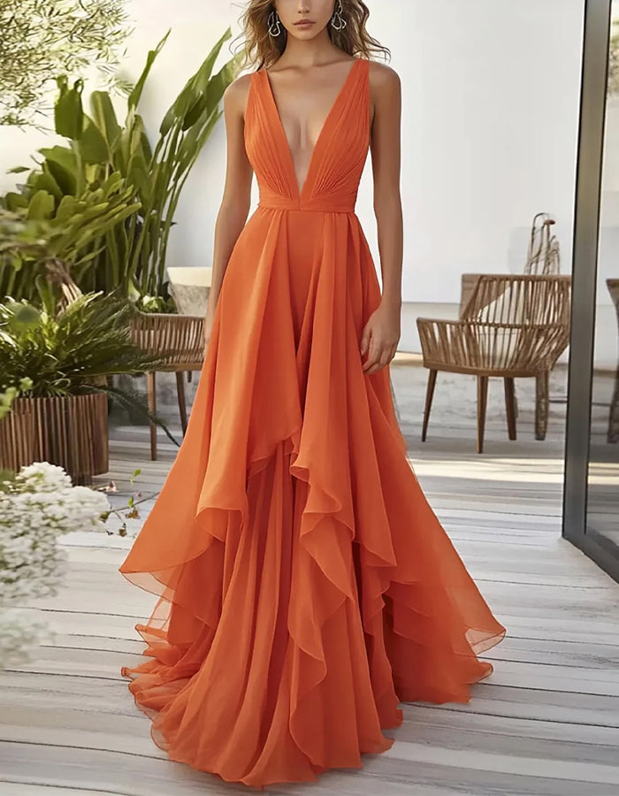 Solid Color Deep V-Neck Layered Chiffon Maxi Dress