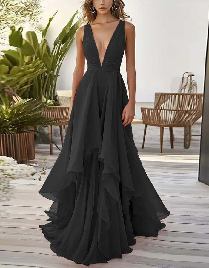 Solid Color Deep V-Neck Layered Chiffon Maxi Dress