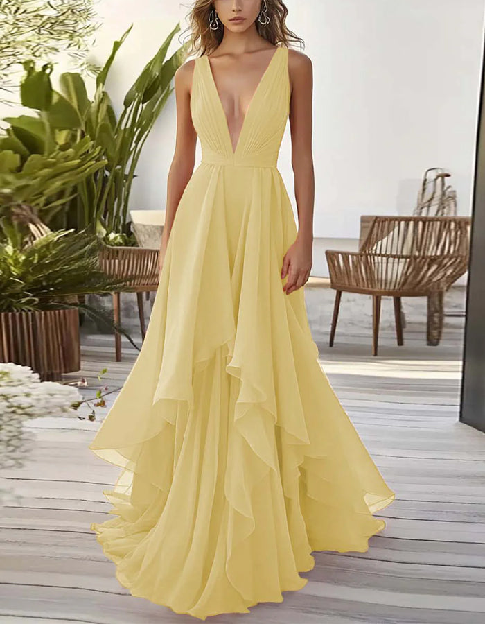 Solid Color Deep V-Neck Layered Chiffon Maxi Dress