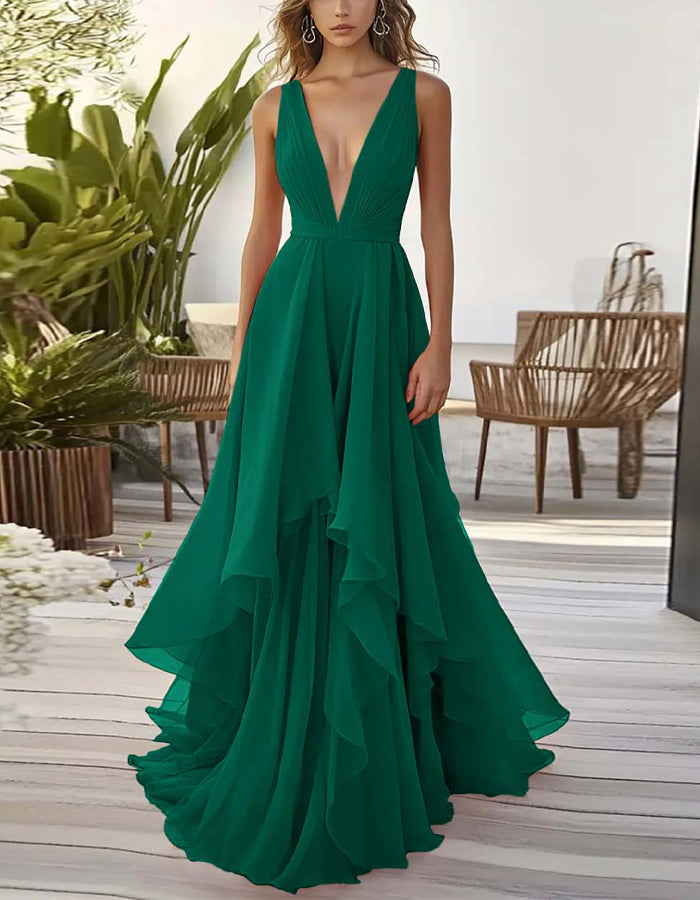 Solid Color Deep V-Neck Layered Chiffon Maxi Dress