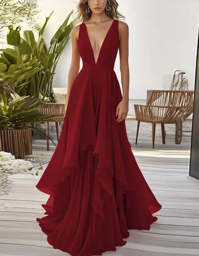 Solid Color Deep V-Neck Layered Chiffon Maxi Dress