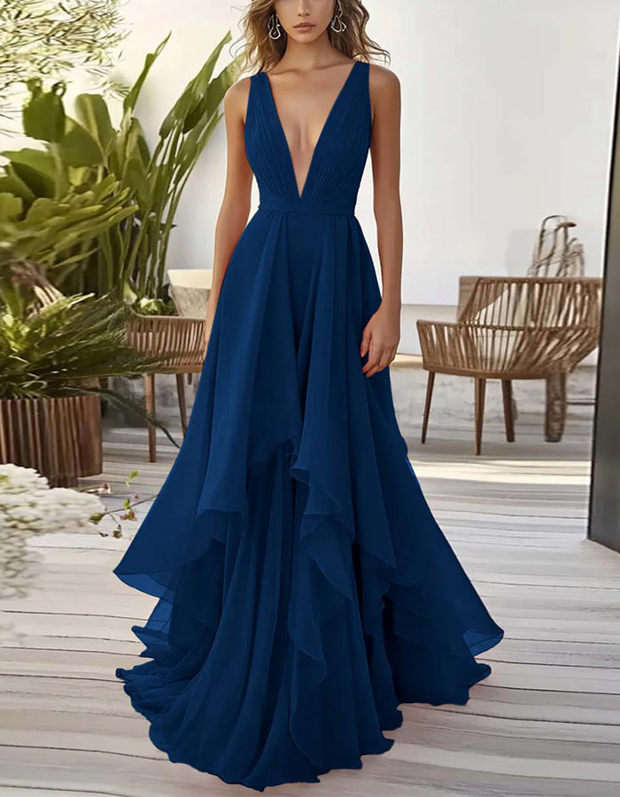 Solid Color Deep V-Neck Layered Chiffon Maxi Dress