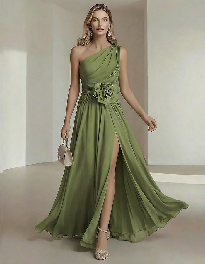 Olive Drab One Shoulder Chiffon Dress With 3D Floral High Slit Maxi Dress