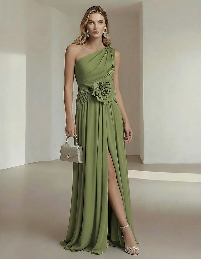Olive Drab One Shoulder Chiffon Dress With 3D Floral High Slit Maxi Dress