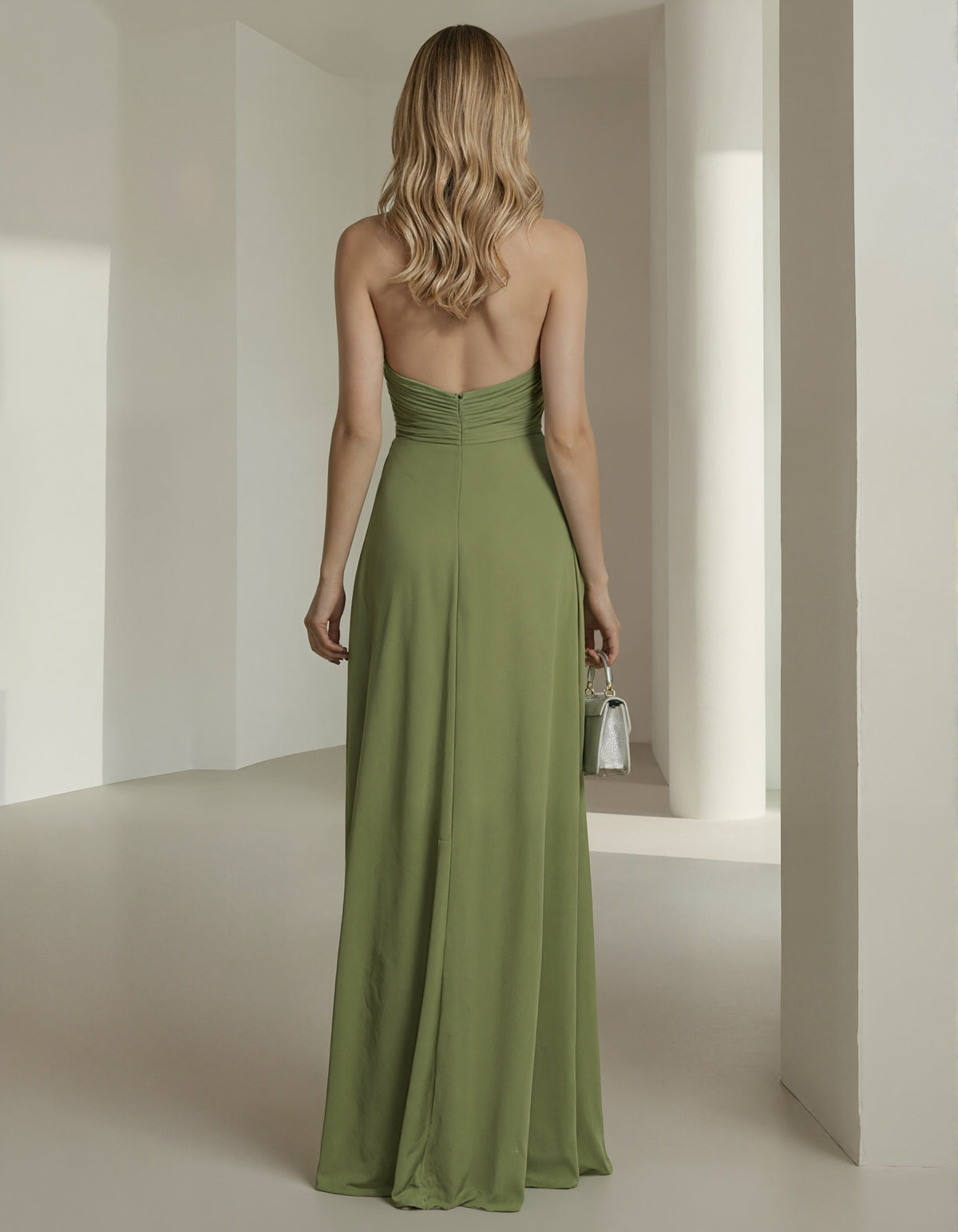Olive Drab Halter Neck Chiffon 3D Flower Maxi Dress