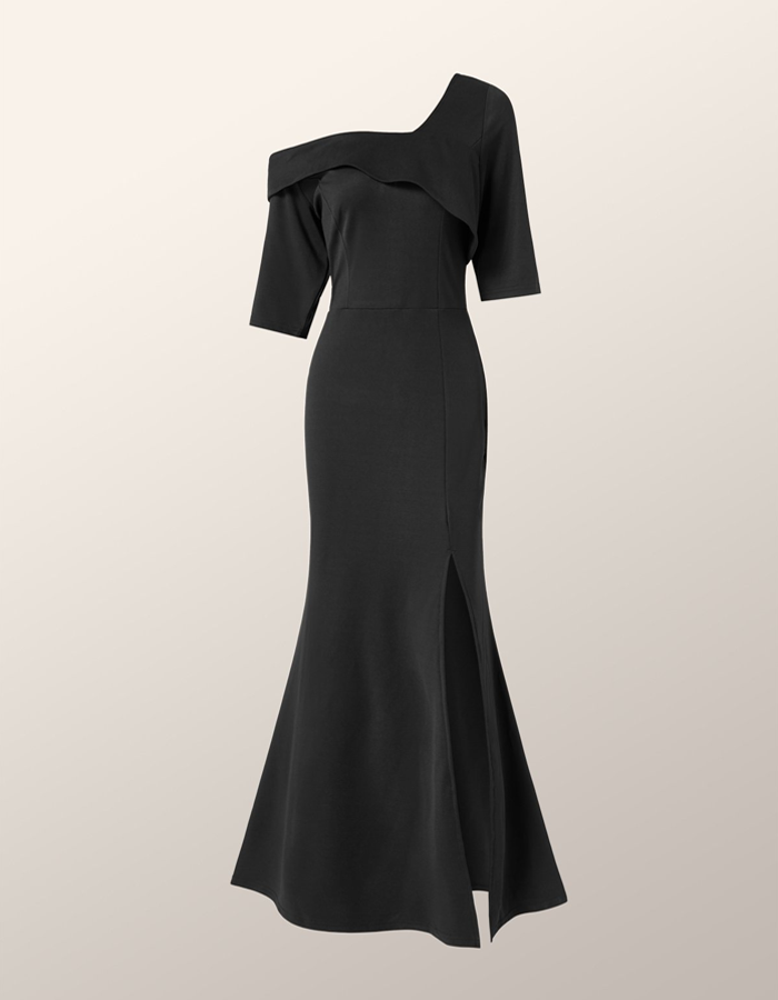 Black One-shoulder Asymmetrical Maxi Dress