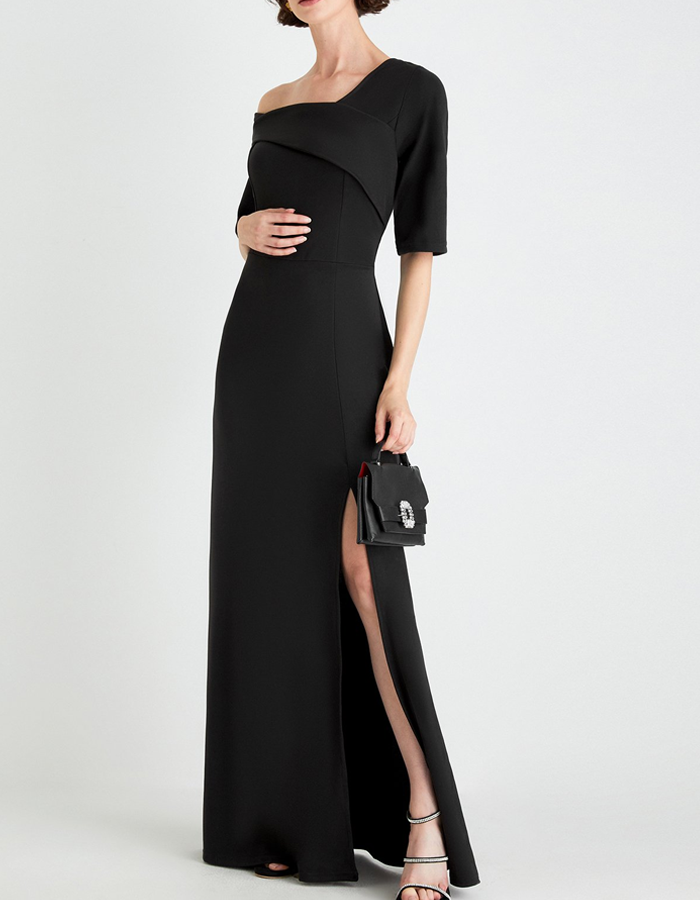 Black One-shoulder Asymmetrical Maxi Dress