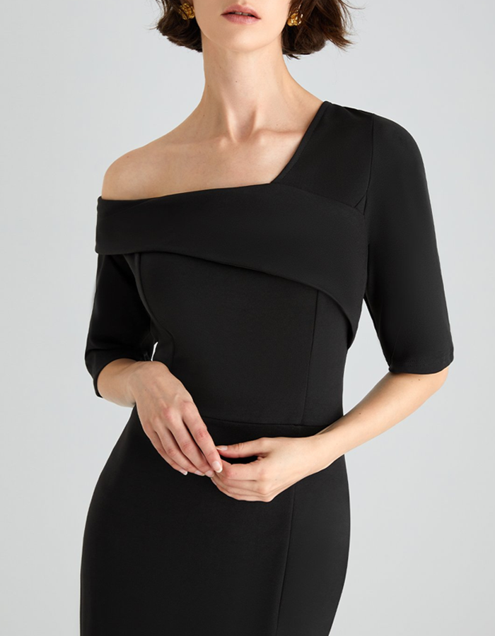 Black One-shoulder Asymmetrical Maxi Dress