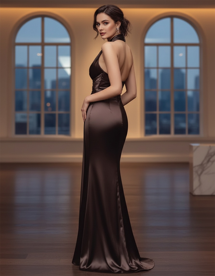 Dark Brown Satin Halter Neck Maxi Dress