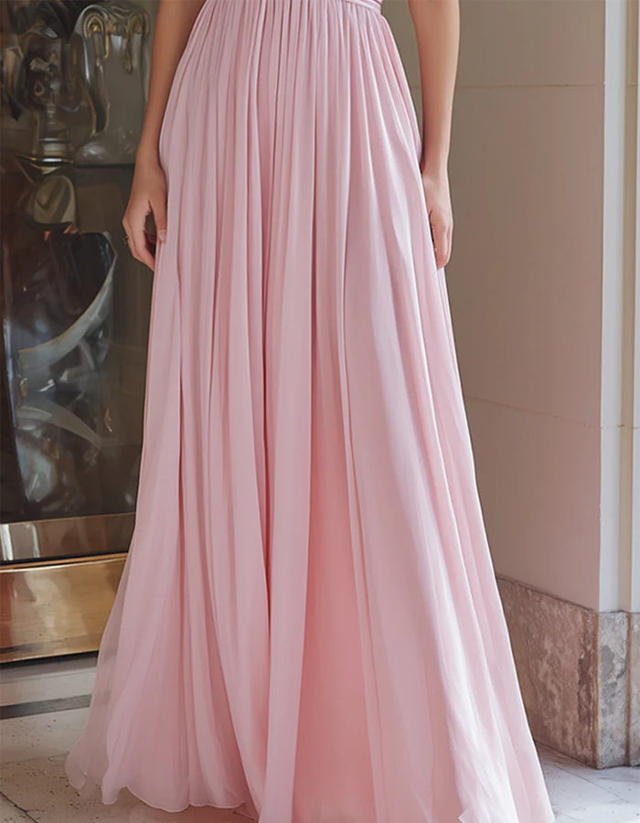 Soft Pink Chiffon Halter Neck Deep V-neck Pleated Maxi Dress