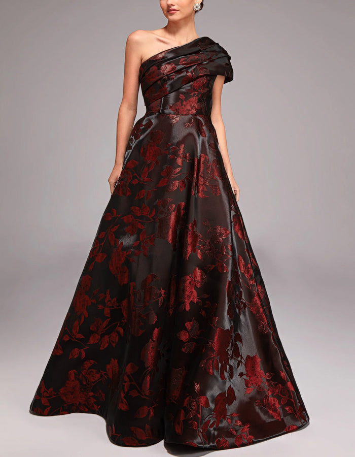 Burgundy Satin Floral One Shoulder Maxi Dress