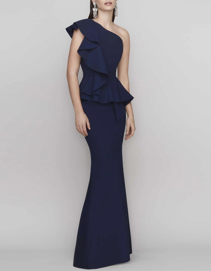 Navy Blue One Shoulder Ruffled Waist Fishtail Maxi Dress