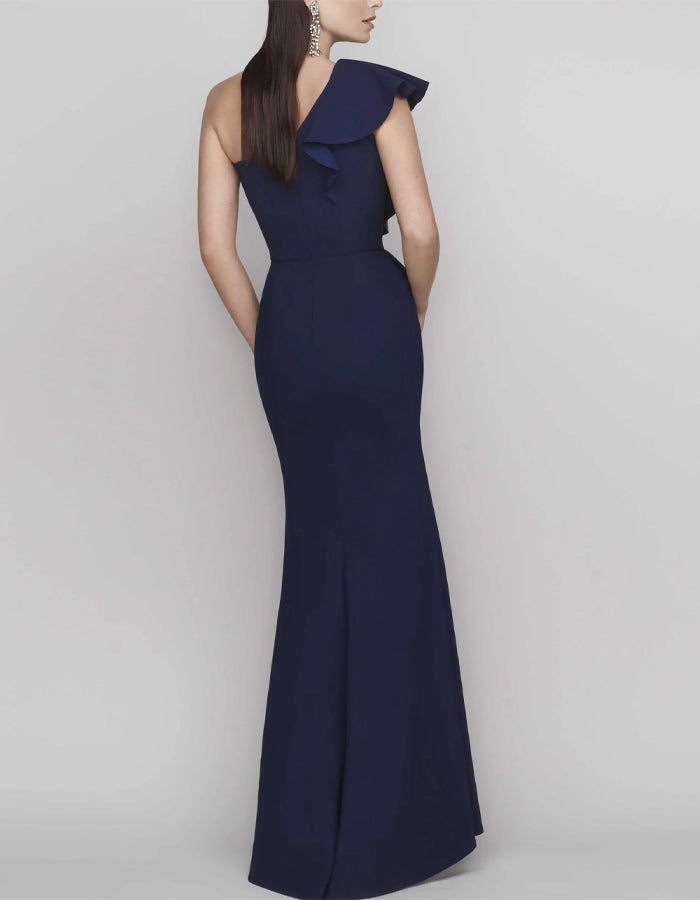 Navy Blue One Shoulder Ruffled Waist Fishtail Maxi Dress