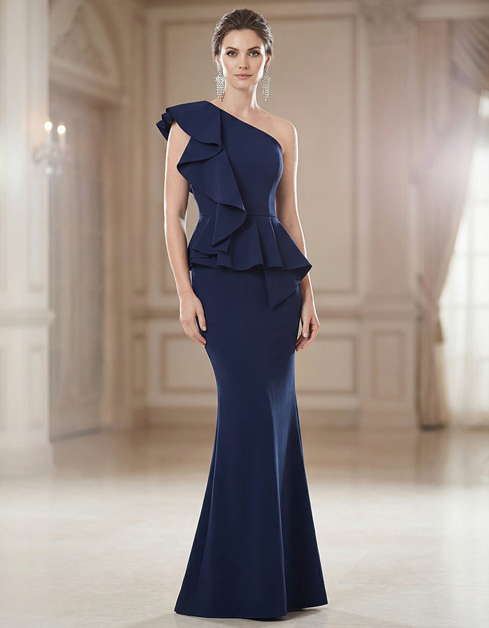 Navy Blue One Shoulder Ruffled Waist Fishtail Maxi Dress