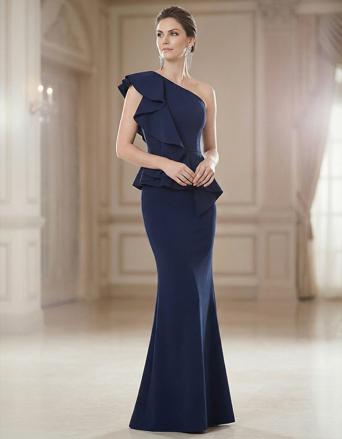 Navy Blue One Shoulder Ruffled Waist Fishtail Maxi Dress