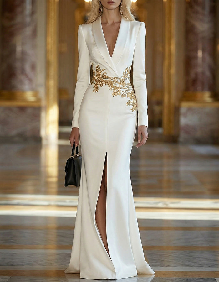 White Satin Deep V-Neck With Gold Branch Embroidery And High Slit Maxi Dress