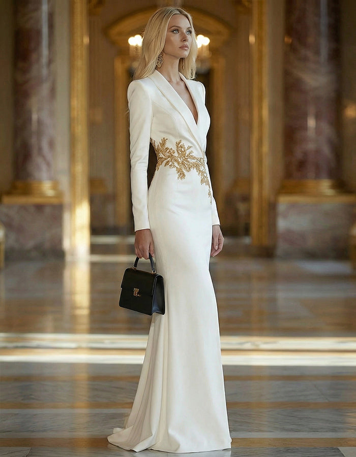 Robe longue en satin blanc avec décolleté en V profond, broderies dorées en forme de branche et fente haute