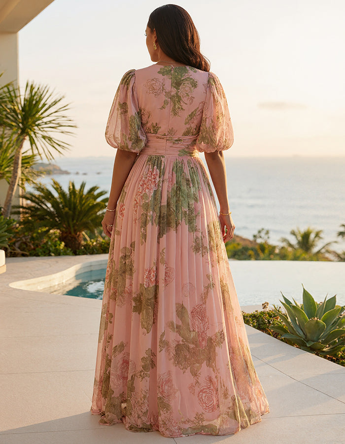 Pink Floral Chiffon Deep V-Neck 3D Floral Print Maxi Dress