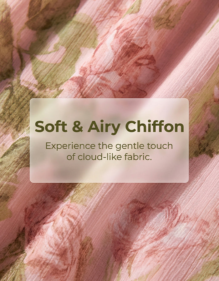 Pink Floral Chiffon Deep V-Neck 3D Floral Print Maxi Dress