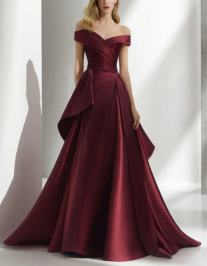 Burgundy Satin Off Shoulder Twist Waist Cinched Train Maxi Dress