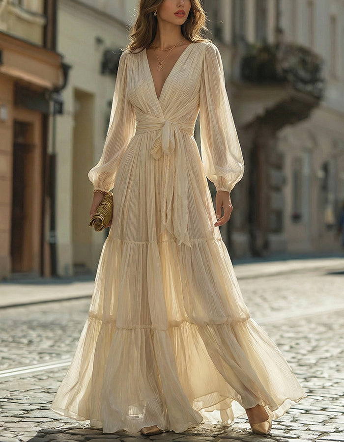 Beige Pleated Chiffon Deep V-Neck Tie Waist Layered Maxi Dress