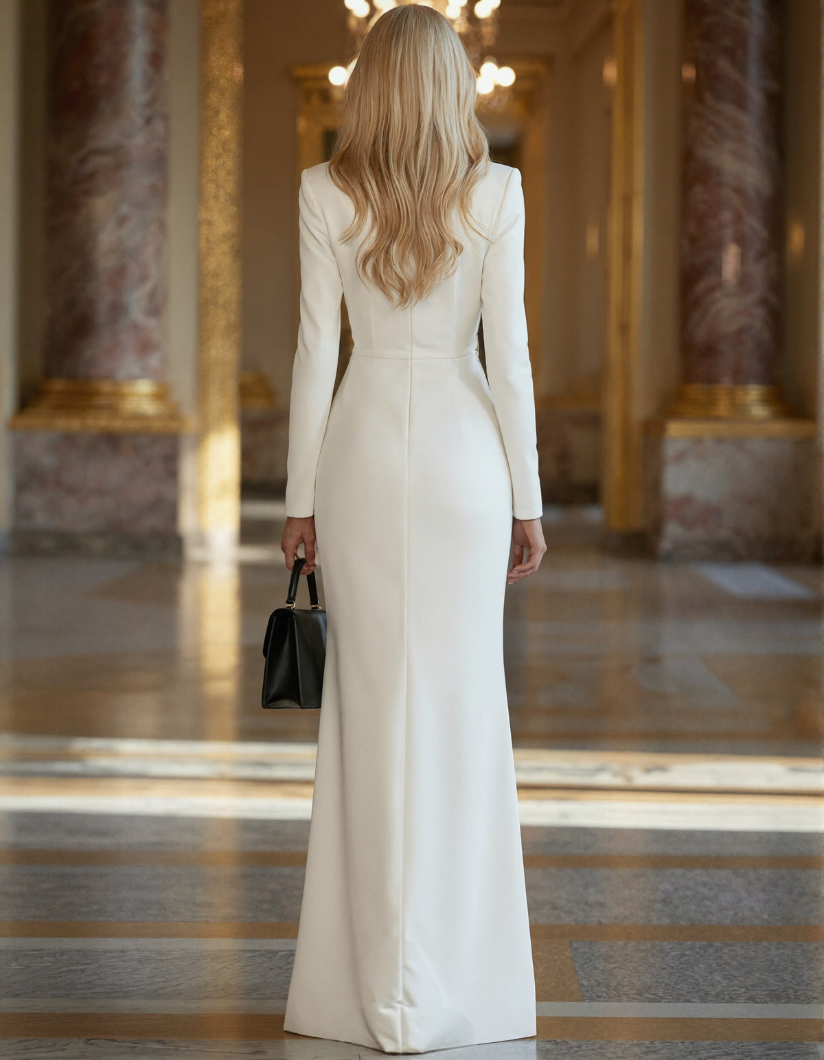 Robe longue en satin blanc avec décolleté en V profond, broderies dorées en forme de branche et fente haute