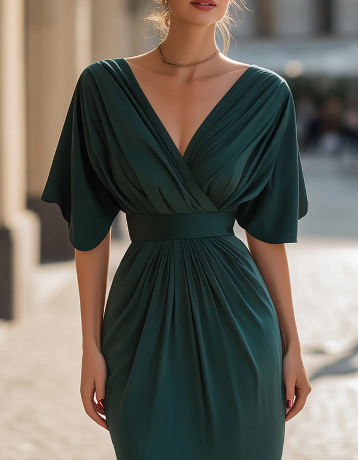 Green Draped Satin V-Neck Maxi Dress