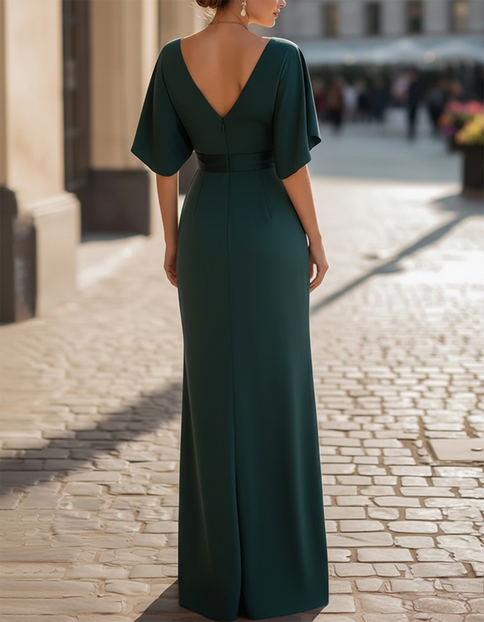 Green Draped Satin V-Neck Maxi Dress