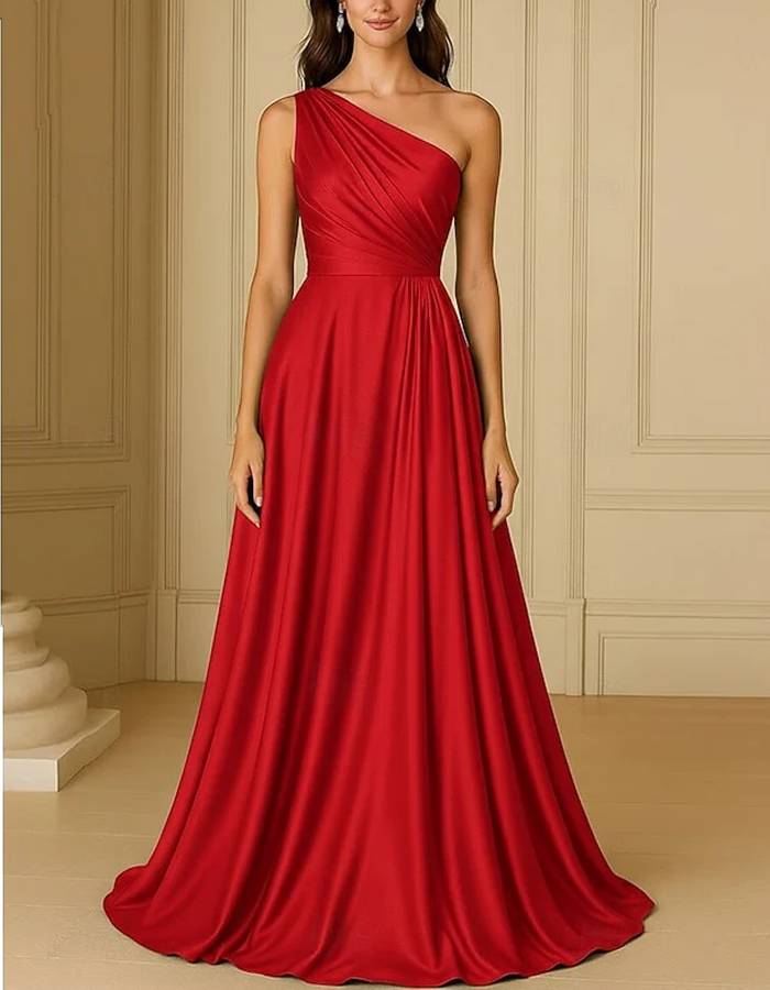 One-Shoulder Pleated Satin Floor-Length Maxi Dress