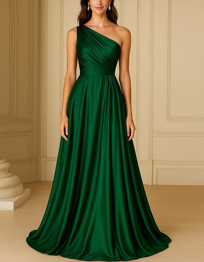One-Shoulder Pleated Satin Floor-Length Maxi Dress