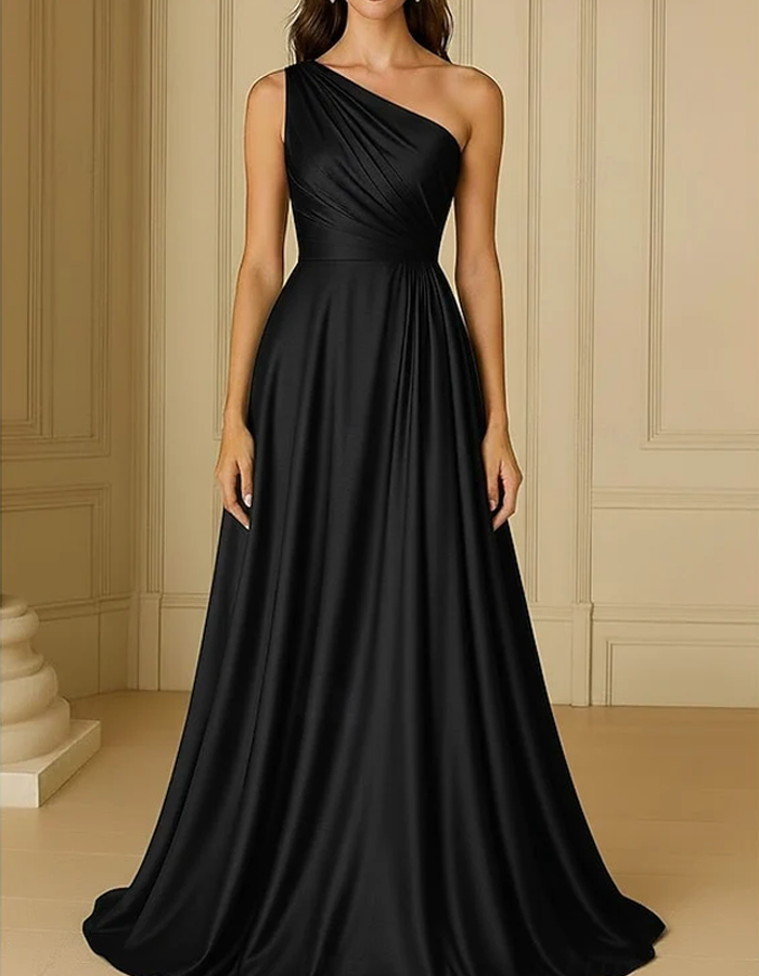 One-Shoulder Pleated Satin Floor-Length Maxi Dress