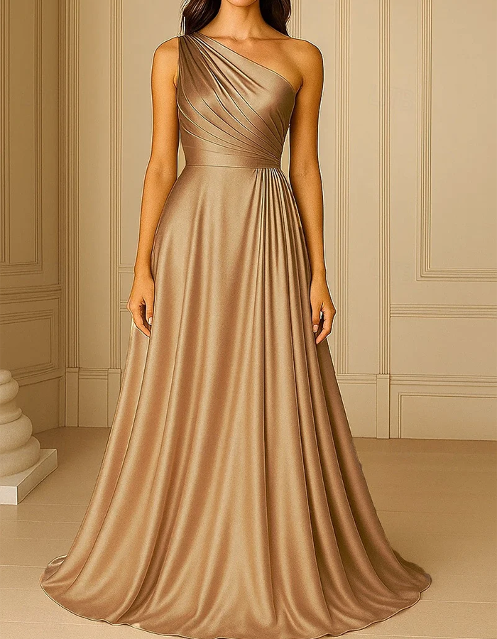 One-Shoulder Pleated Satin Floor-Length Maxi Dress